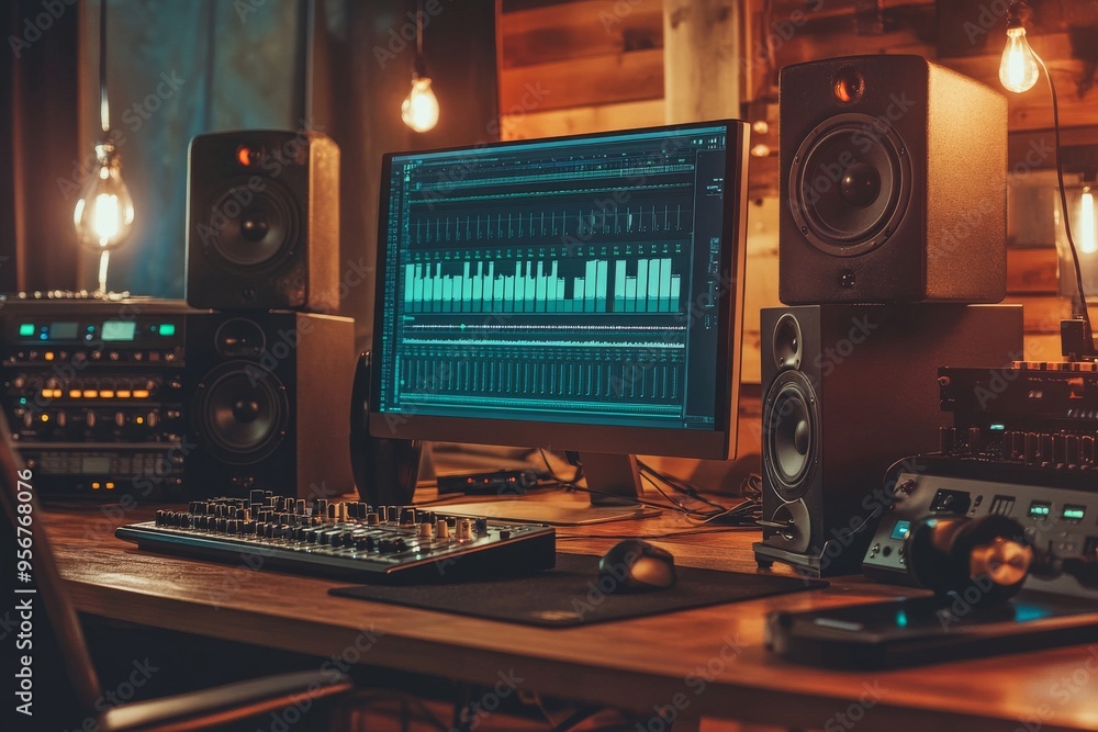 An image of the control desk of a boutique recording studio. An image of the control desk of a boutique recording studio.