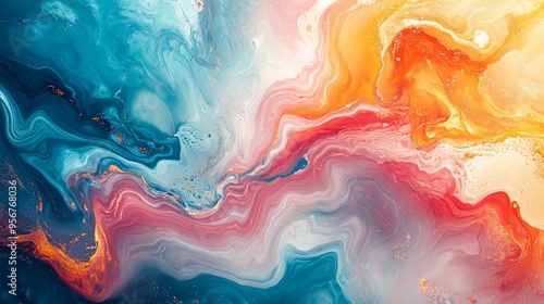 Abstract Swirling Paint with Blue, Red, and Gold Tones