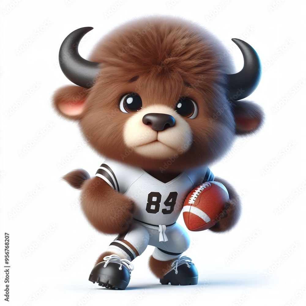 Fototapeta premium a cute 3d fluffy buffalo teddy bear character as an American football player, white background