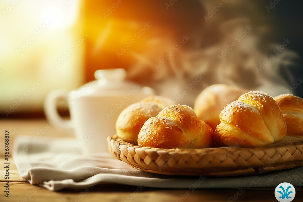 Warm, freshly baked pastries sit on a woven basket next to a teapot, emanating steam in a sunlit kitchen, creating a perfect morning ambiance Warm, freshly baked pastries sit on a woven basket next to a teapot, emanating steam in a sunlit kitchen, creating a perfect morning ambiance