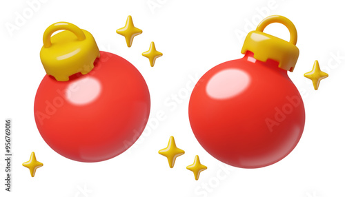 Red Christmas balls 3d realistic vector icons. Holiday three dimensional ornament emoji in a modern cute plastic style.