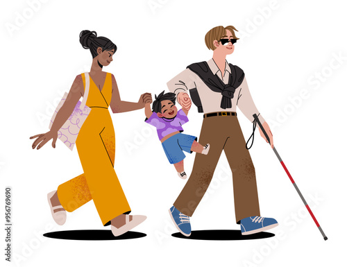 A family with a blind family member. Mom, dad with a cane and a child are walking and having fun. Can be used for disability, diversity, assistance concept