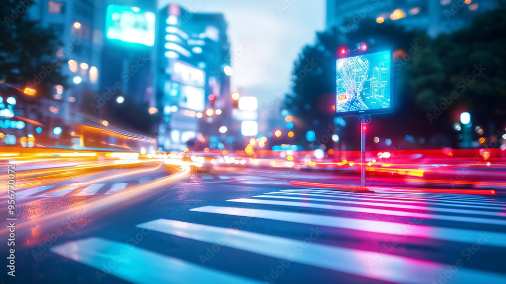 Fototapeta premium Vibrant City Street at Night with Blurred Lights and Digital Billboard in Urban Setting