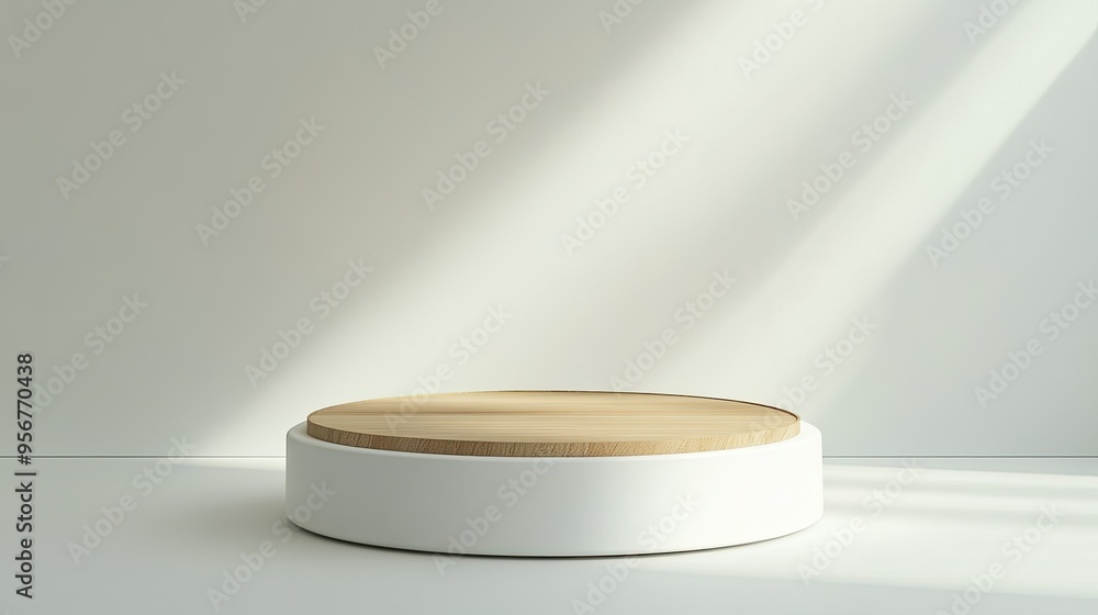 3D circular podium in white with a natural wood top, centered on a clean studio background for a modern product showcase. 3D circular podium in white with a natural wood top, centered on a clean studio background for a modern product showcase.