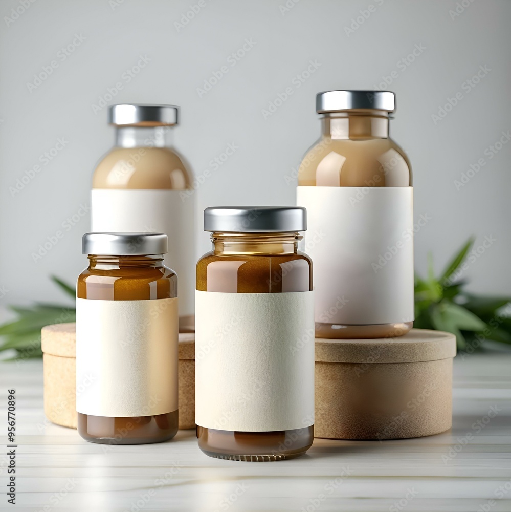 A set of three glass bottles with blank labels. perfect for showcasing your product or brand. A set of three glass bottles with blank labels. perfect for showcasing your product or brand.