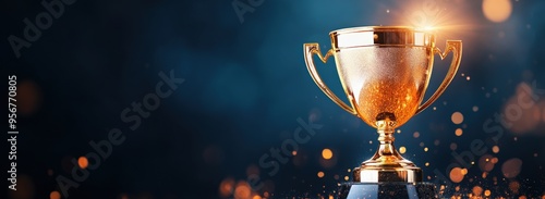 A stunning golden trophy illuminated by soft light, symbolizing achievement and success against a blurred, sparkly background.