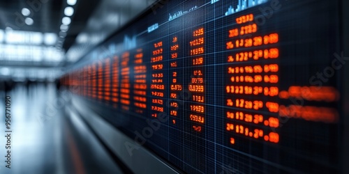 Detailed view of a financial display board showing stock prices and market trends in a modern trading environment.