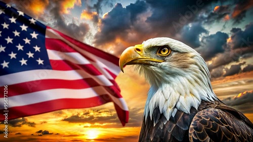 American Bald Eagle with Flag and Sunset.
