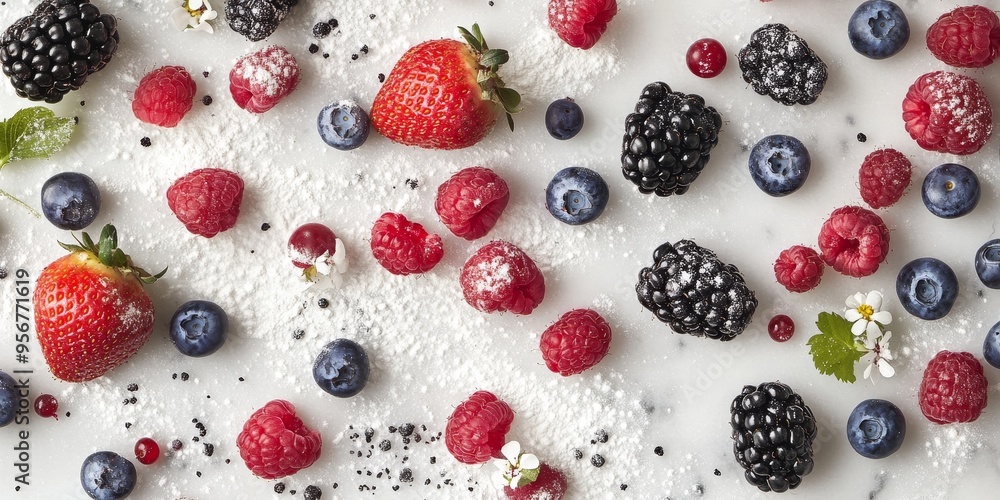 An assortment of blueberries, strawberries, raspberries, and blackberries spread across a white marble background. Add a sprinkling of powdered sugar and small flowers fo An assortment of blueberries, strawberries, raspberries, and blackberries spread across a white marble background. Add a sprinkling of powdered sugar and small flowers fo