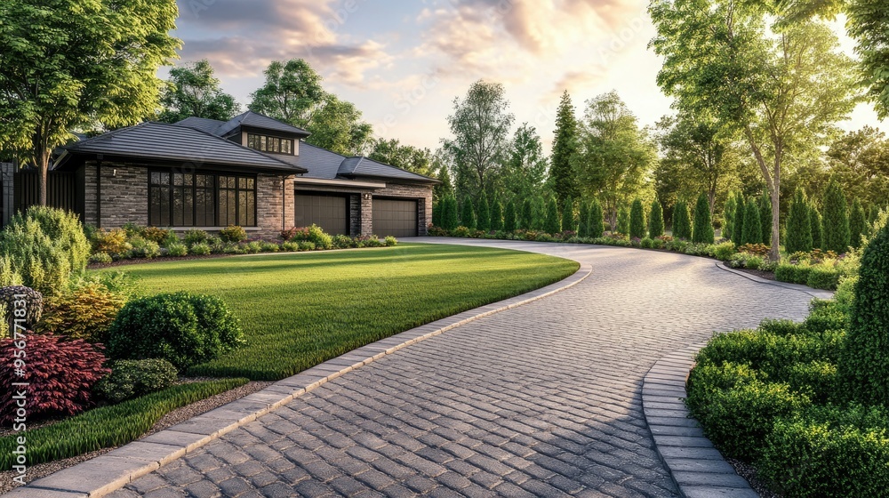3D rendering of a front yard with a round-shaped driveway, featuring a paver area, manicured lawn, and well-placed greenery. Perfect for showcasing home exterior designs. - 3D rendering of a front yard with a round-shaped driveway, featuring a paver area, manicured lawn, and well-placed greenery. Perfect for showcasing home exterior designs. -