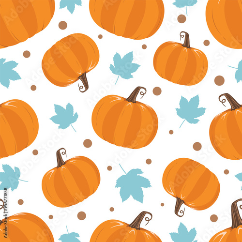 Flat style pumpkins and leaves seamless pattern design minimal style pumpkins texture with autumn leaves repeatable and printable pumpkin texture. Halloween and Holiday and Pumpkin Concept Design.