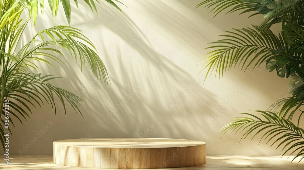 Bamboo podium in a tropical setting with palm leaves and sunlight, ideal for eco-friendly or exotic products. Bamboo podium in a tropical setting with palm leaves and sunlight, ideal for eco-friendly or exotic products.