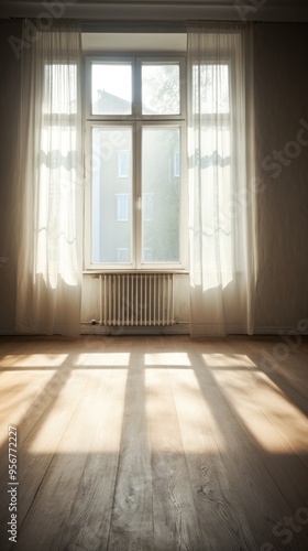 Light Black wall and wooden parquet floor, sunrays and shadows from window