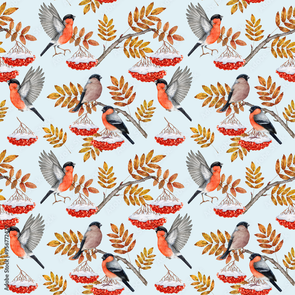 Winter time bullfinch birds with rowan tree twig, berries covered with snow seamless pattern. Watercolor illustration. Winter season bullfinch forest bird, red berries design for printing, wrapping Winter time bullfinch birds with rowan tree twig, berries covered with snow seamless pattern. Watercolor illustration. Winter season bullfinch forest bird, red berries design for printing, wrapping