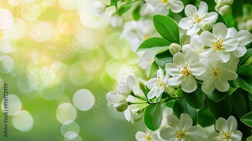 Beautiful white jasmine flowers with green leaves and ample space for text on a bright background.