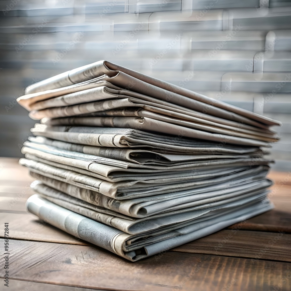 A neat stack of folded newspapers on a rustic wooden table. with a blurred brick wall in the background. A neat stack of folded newspapers on a rustic wooden table. with a blurred brick wall in the background.