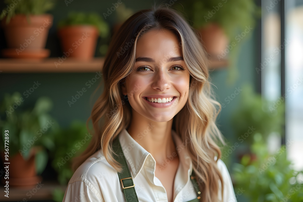Smiling attractive female small business owner in her plant shop Smiling attractive female small business owner in her plant shop