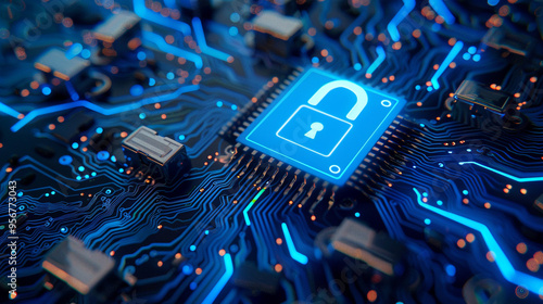Cybersecurity and data protection concept, featuring locks on a blue integrated circuit.