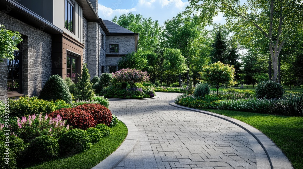 3D visualization of a front yard with a circular driveway, accented by stone pavers, well-trimmed bushes, and ornamental trees. Great for modern landscaping projects. 3D visualization of a front yard with a circular driveway, accented by stone pavers, well-trimmed bushes, and ornamental trees. Great for modern landscaping projects.