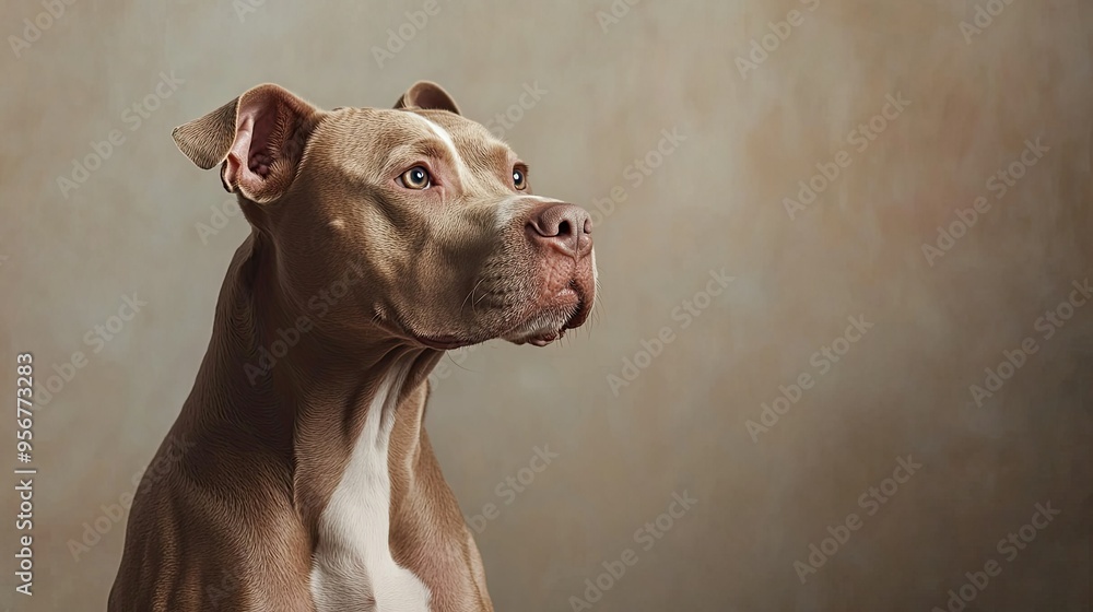Fototapeta premium Charming Pit Bull sitting attentively in a studio, with a neutral background that highlights its glossy coat.