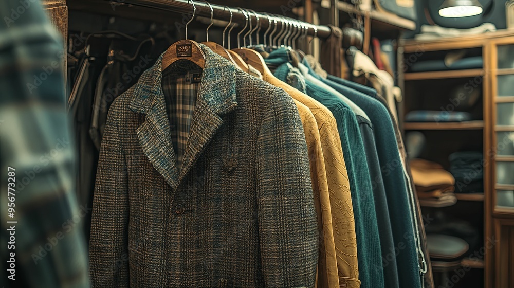 A Row of Plaid and Patterned Jackets Hanging on Wooden Hangers in a Clothing Store A Row of Plaid and Patterned Jackets Hanging on Wooden Hangers in a Clothing Store