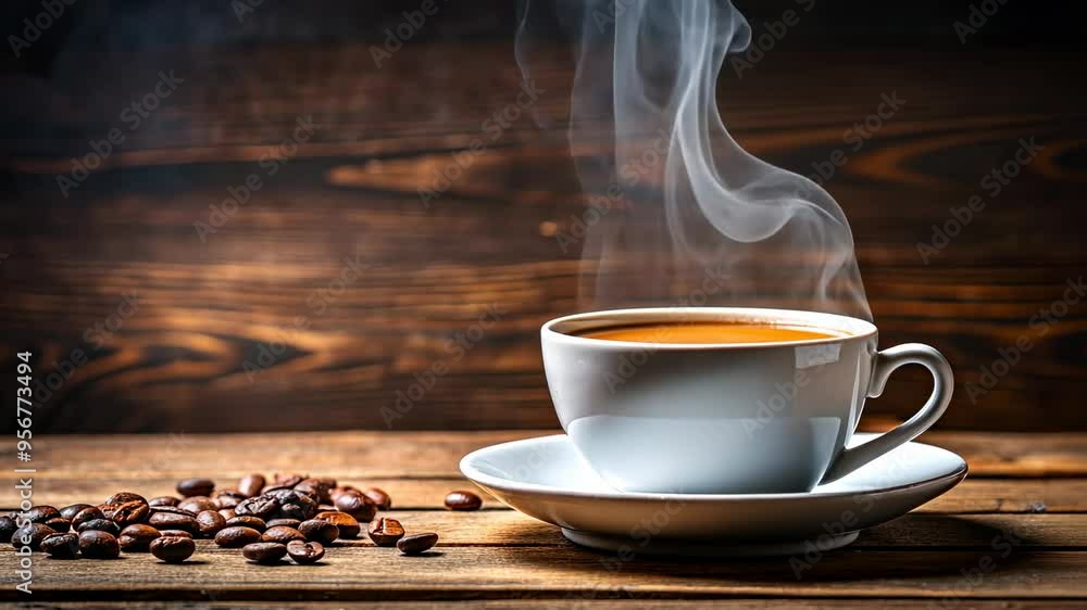 Steaming Cup of Comfort: Aromatic coffee with swirling steam beckons on a rustic wooden background Steaming Cup of Comfort: Aromatic coffee with swirling steam beckons on a rustic wooden background