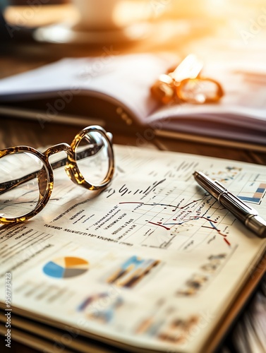 Wallpaper Mural Close-up of financial documents with charts, glasses, and a pen, symbolizing analysis and planning in a business environment. Torontodigital.ca