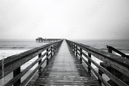 Long wooden pier stretching into the misty horizon over the ocean on a rainy, foggy day.