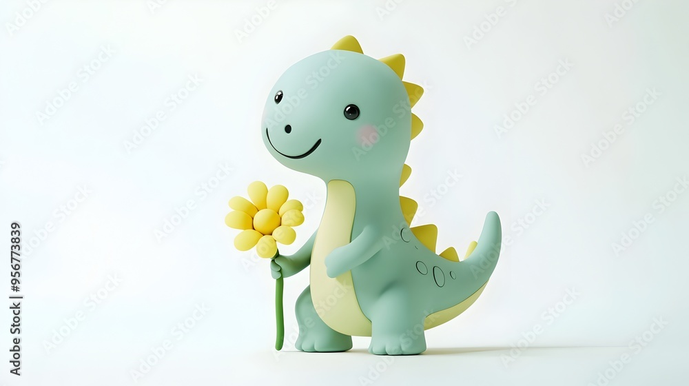 Adorable Clay Dinosaur Holding Tiny Flower on White Background Adorable Clay Dinosaur Holding Tiny Flower on White Background