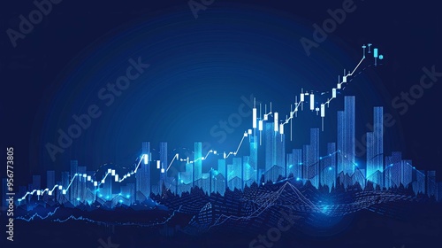 A digital cityscape with a rising candlestick chart