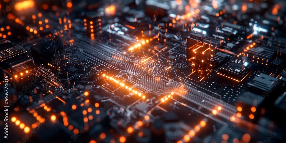 A quantum computer with laser beams crossing through a highly complex circuit board, with glowing particles and a futuristic, clean design. A quantum computer with laser beams crossing through a highly complex circuit board, with glowing particles and a futuristic, clean design.