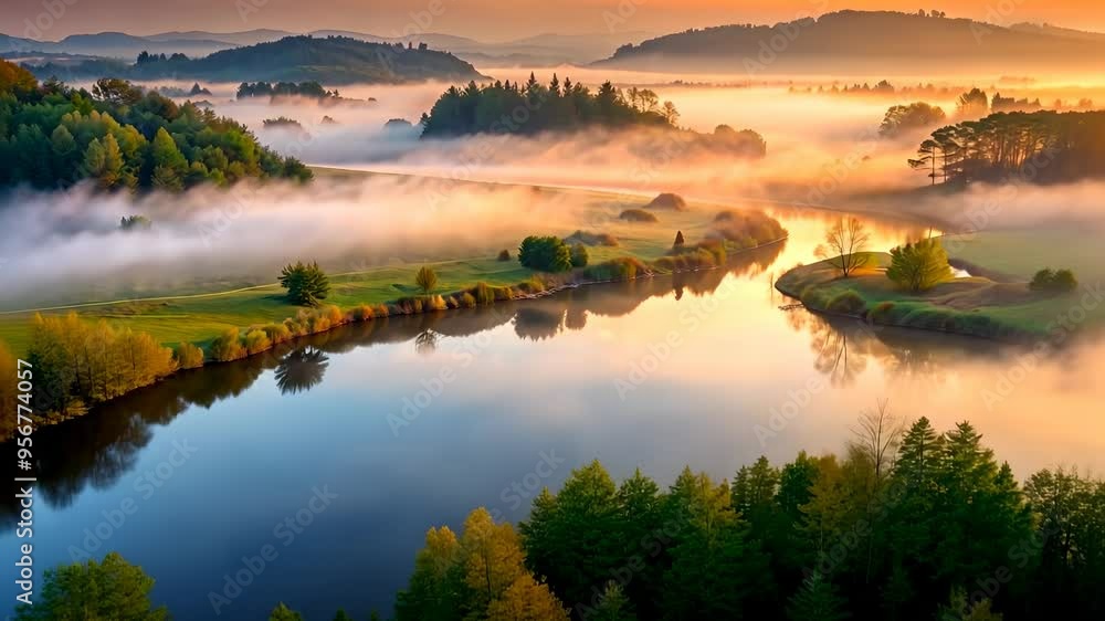 Misty Morning River Landscape. Misty Morning River Landscape.