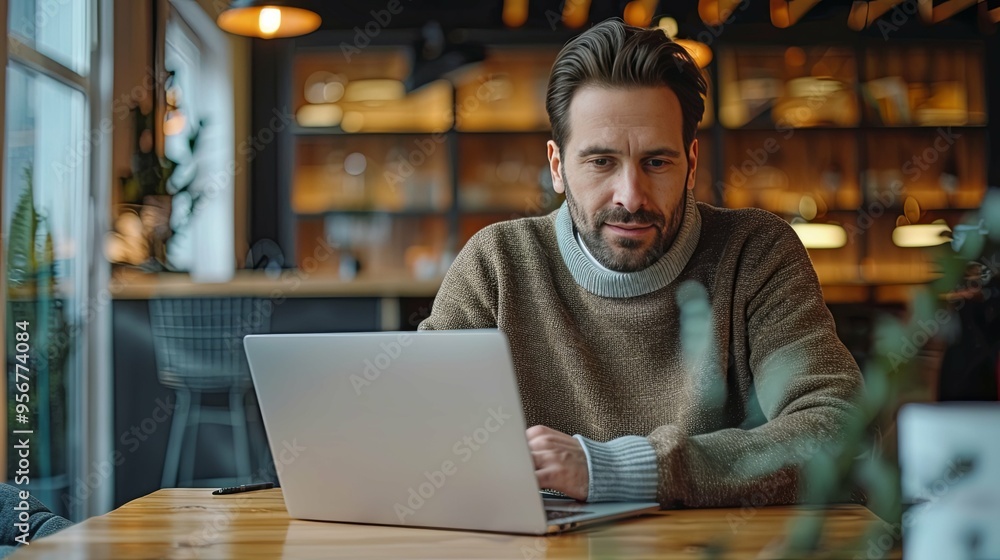 Man using laptop in a cafe setting Man using laptop in a cafe setting