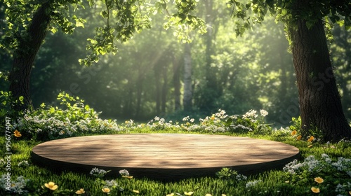 A circular wooden podium surrounded by lush green grass and blooming flowers, set against the backdrop of an enchanting forest with towering trees and dappled sunlight filtering through their leaves. 