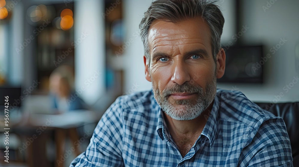 Portrait of a man with grey hair and beard in a blue checkered shirt Portrait of a man with grey hair and beard in a blue checkered shirt