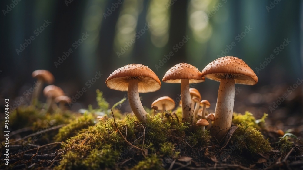 Fototapeta premium A bunch of mushrooms are growing on the ground.