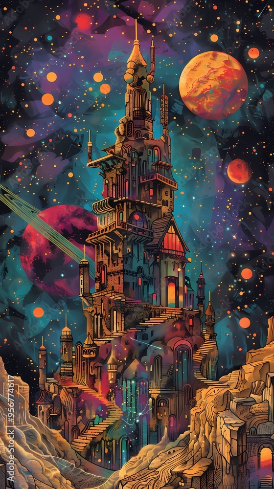 Obraz premium beautiful castle on a planet in galaxy illustration poster background