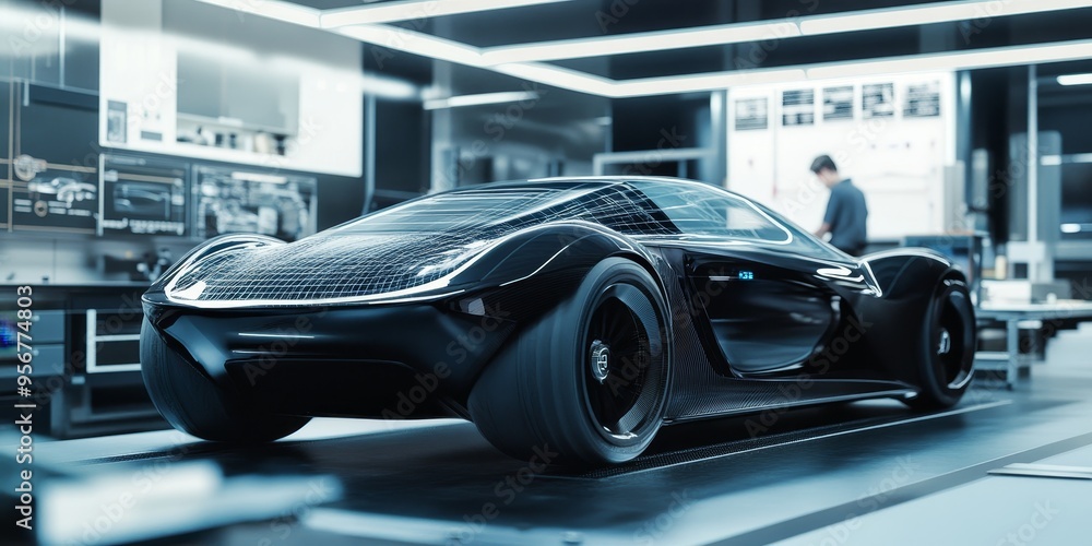 A cutting-edge car design studio where lasers are being used for precision measurement and 3D modeling, with engineers working on sleek futuristic car prototypes. A cutting-edge car design studio where lasers are being used for precision measurement and 3D modeling, with engineers working on sleek futuristic car prototypes.