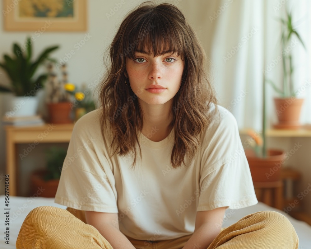 Young Woman Sitting in Her Bedroom, Serene Expression, Personal Space, Comfortable, Relaxed, Peaceful, Home, Interior Design, Calm, Tranquility, Cozy, Home Decor, Bedroom Design, Minimalist, Simple Young Woman Sitting in Her Bedroom, Serene Expression, Personal Space, Comfortable, Relaxed, Peaceful, Home, Interior Design, Calm, Tranquility, Cozy, Home Decor, Bedroom Design, Minimalist, Simple