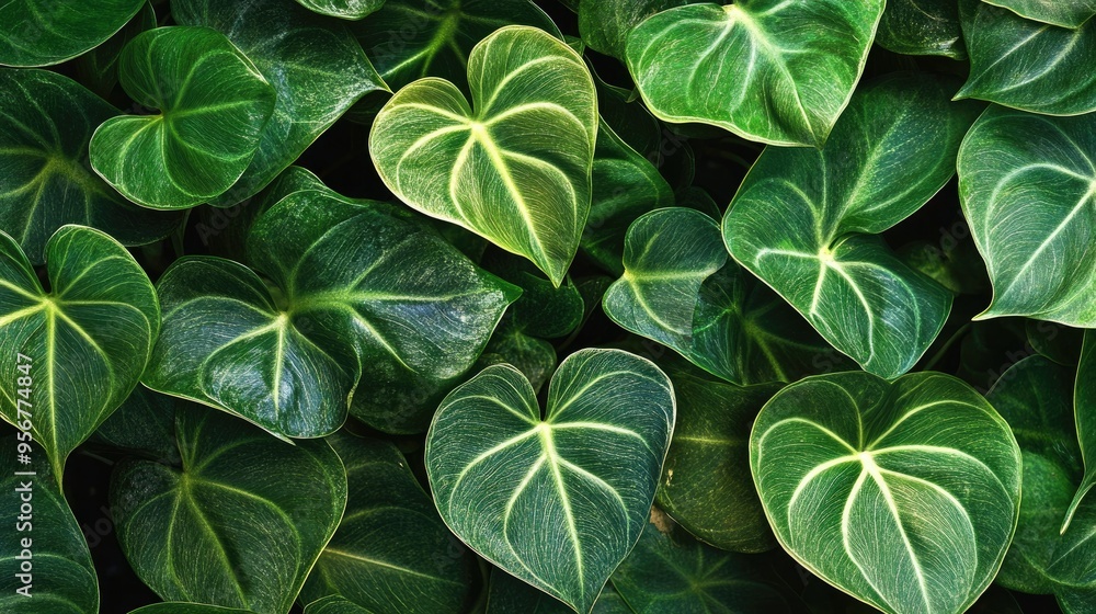 Close-up of lush green philodendron leaves with intricate veins, capturing the natural beauty of indoor plants. Close-up of lush green philodendron leaves with intricate veins, capturing the natural beauty of indoor plants.