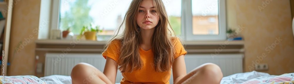 Young Woman Sitting on Her Bed with a Look of Contentment, Relaxation, Calmness, Peace, Home, Bedroom, Comfort, Peacefulness, Serene, Happiness, Joy, Tranquility, Cozy, Interior, Bedroom Design Young Woman Sitting on Her Bed with a Look of Contentment, Relaxation, Calmness, Peace, Home, Bedroom, Comfort, Peacefulness, Serene, Happiness, Joy, Tranquility, Cozy, Interior, Bedroom Design