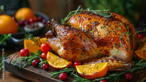 Appetizing chicken with vegetables and herbs close-up