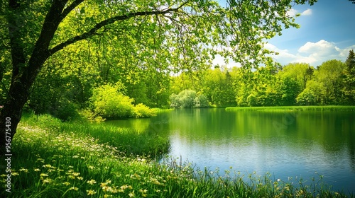 Beautiful Spring, Scenery by the River, Green Theme photo