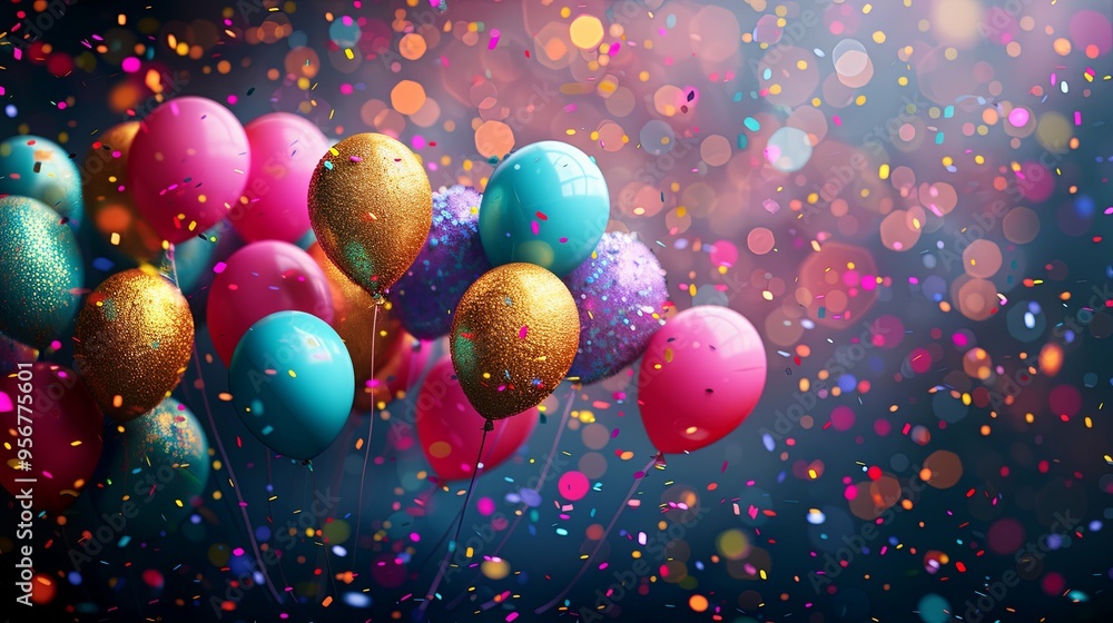 Colorful Balloons and Confetti against a Bokeh Background Colorful Balloons and Confetti against a Bokeh Background
