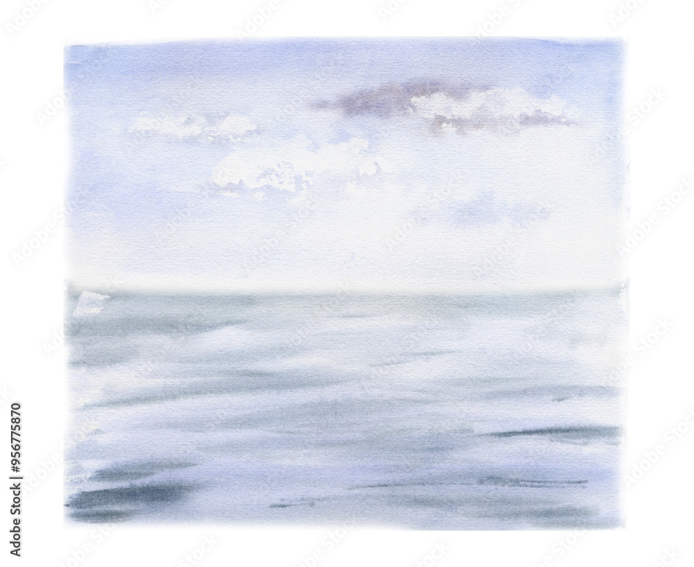 Scenery landscape cloudy blue sky, rain storm, water surface with waves, pool sea lake ocean hand drawn in watercolor. Illustration for tourism, resort ads, hiking camping sites vacation, postcard. Scenery landscape cloudy blue sky, rain storm, water surface with waves, pool sea lake ocean hand drawn in watercolor. Illustration for tourism, resort ads, hiking camping sites vacation, postcard.