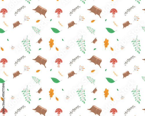 Autumn seamless pattern, hand drawn seasonal objects, vector illustration in flat style