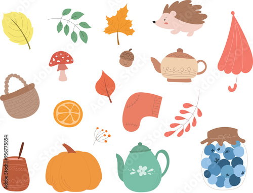 Autumn elements set, cute hand drawn vector illustration set