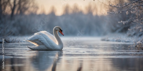 A Swan's Graceful Sojourn in a Winter Wonderland. photo