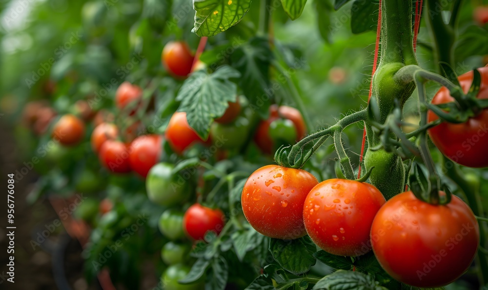 Greenhouse Rows, Rows of tomato plants with clusters of ripe tomatoes growing on vines Greenhouse Rows, Rows of tomato plants with clusters of ripe tomatoes growing on vines