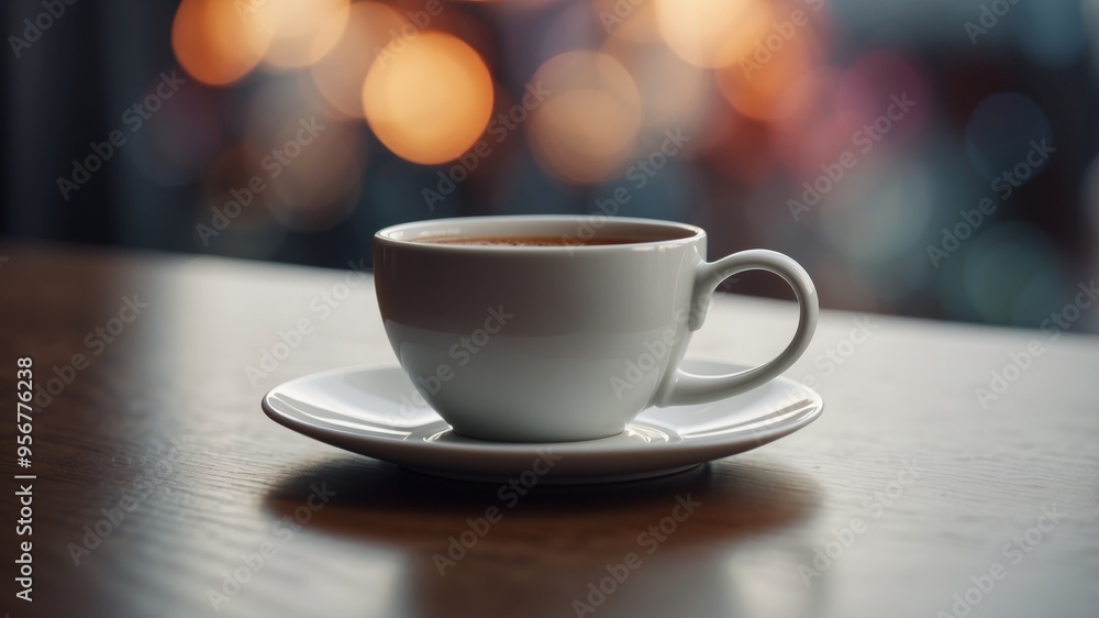 Fototapeta premium A white coffee cup alongside a white lid sits on a table.